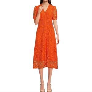 Nanette Lepore Orange Lace Overlay Button Front Fit n Flare Dress Size 8 New‎